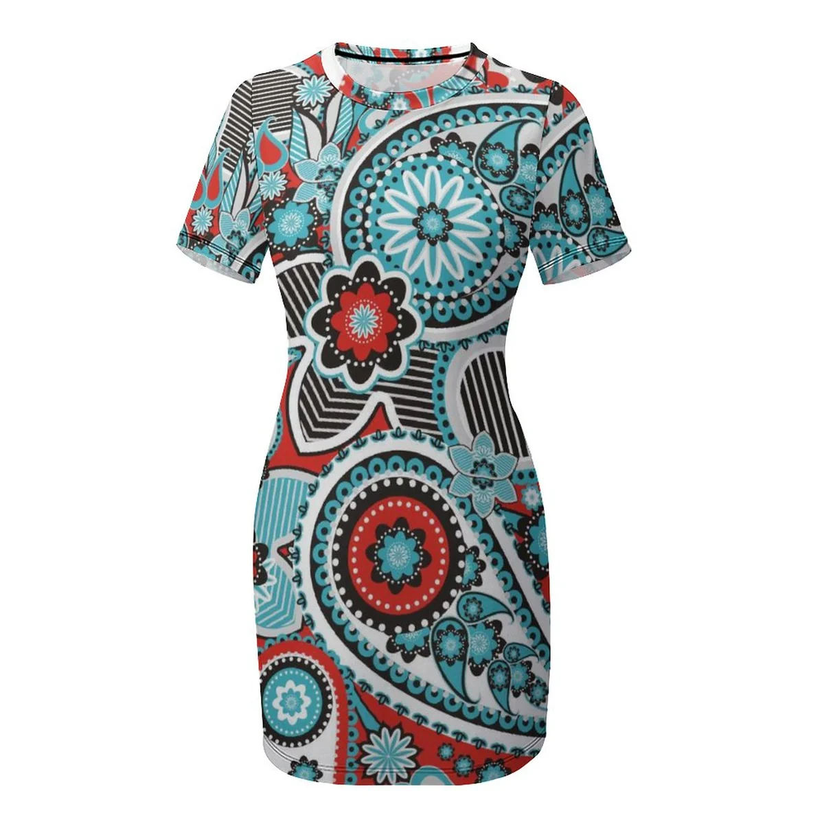 Women's Crew Neck Short Sleeve Bodycon T-Shirt Dress - Mandala Paisley Print - view 5