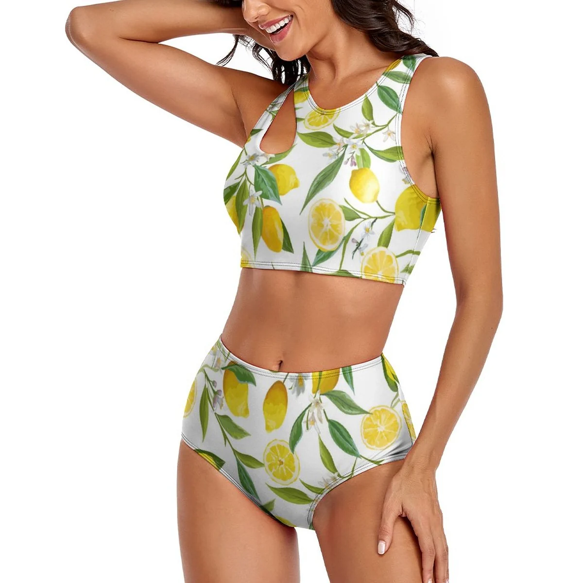 Women's Sporty High-Neck High-Waist Bikini Set - Lemon Branch Print - view 3