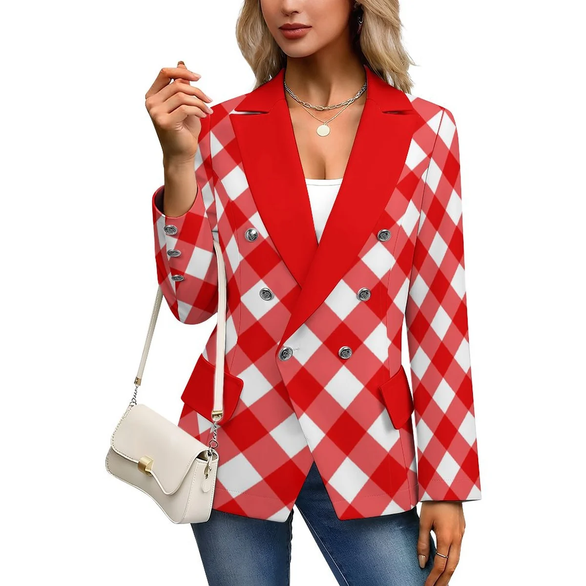 Women's Double Breasted Blazer - Red Gingham Print