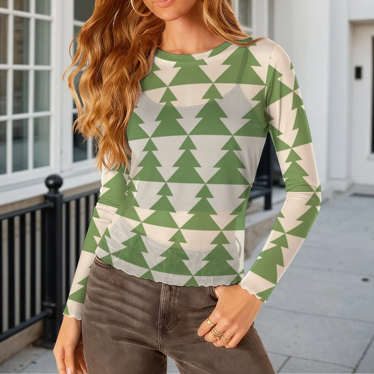Women's Long Sleeve Mesh Crew Neck Top - Geometric Pine Tree Print - view 2