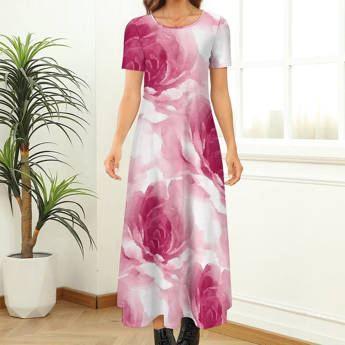 Women's Crew Neck Short Sleeve Maxi T-Shirt Dress - Watercolor Rose Print - view 2