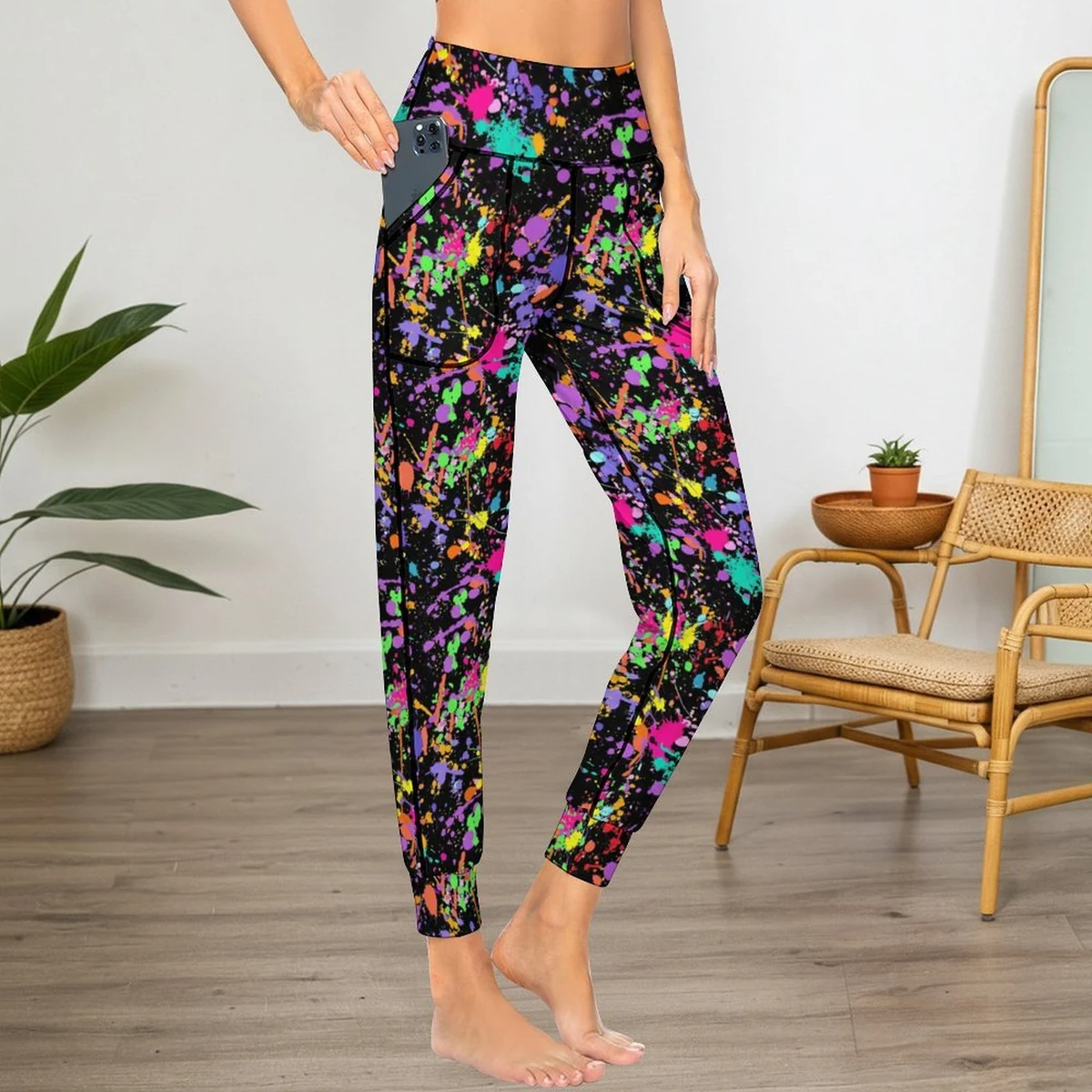 Women's Pocket Yoga Jogger Pants - Neon Paint Splatter Print - view 2