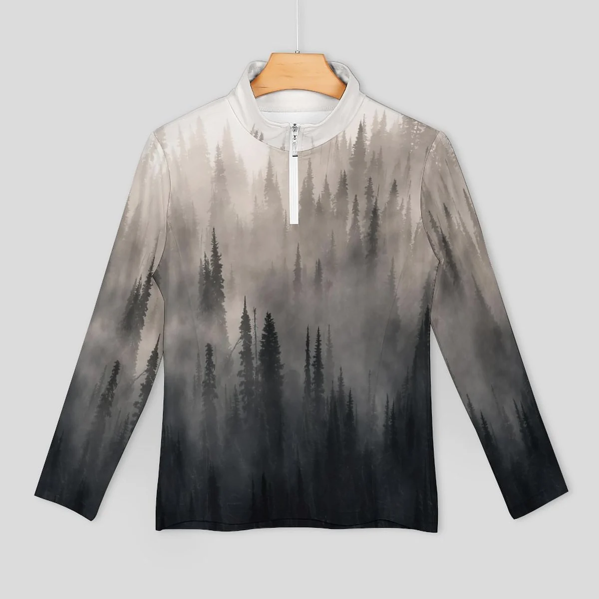 Women's Quarter Zip Long Sleeve Athletic Pullover - Misty Pine Forest Print - view 5
