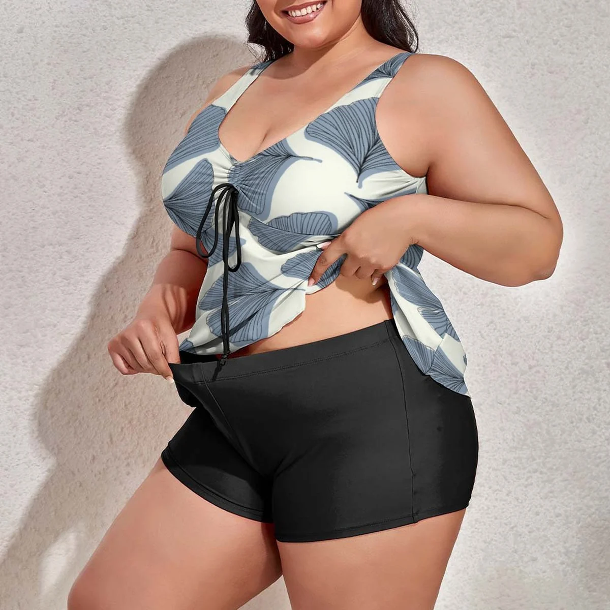 Women's Plus Size Tie-Front Flowy Tankini Set - Ginkgo Leaf Print - view 2