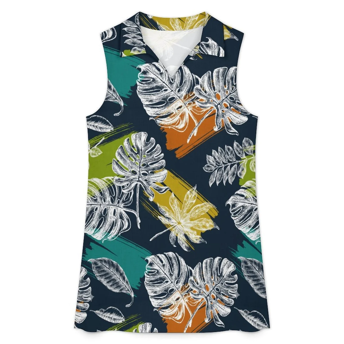 Women's Collared V-Neck Sleeveless Shift Dress - Monstera Colorblock Print - view 3