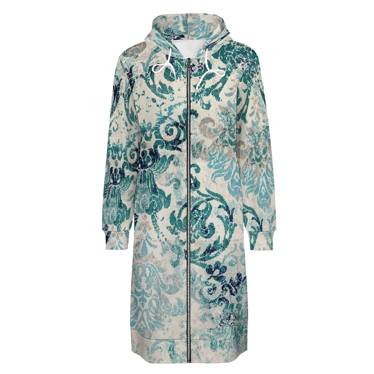 Women's Longline Full Zip Hooded Coat - Teal Baroque Damask Print - view 4