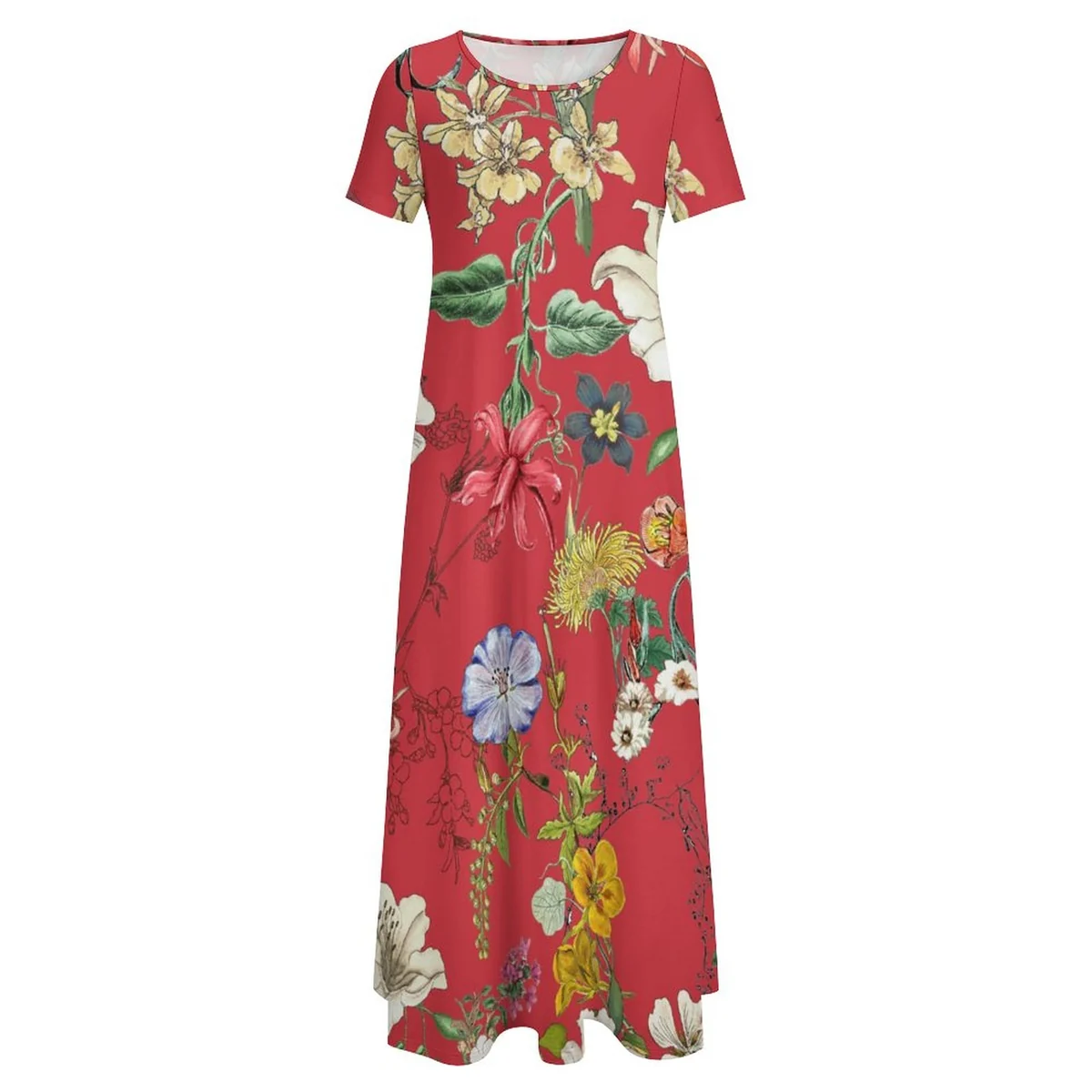 Women's Crew Neck Short Sleeve Maxi T-Shirt Dress - Vintage Wildflower Print - view 3