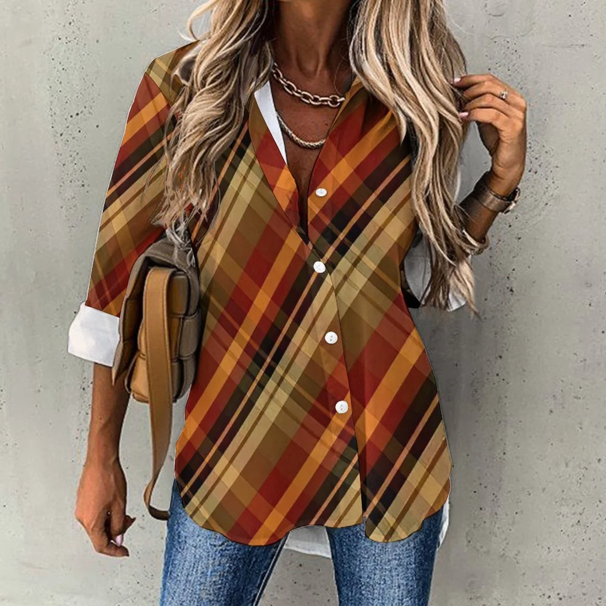 Women's Asymmetric Hem Button-Down Shirt - Autumn Plaid Print - view 2
