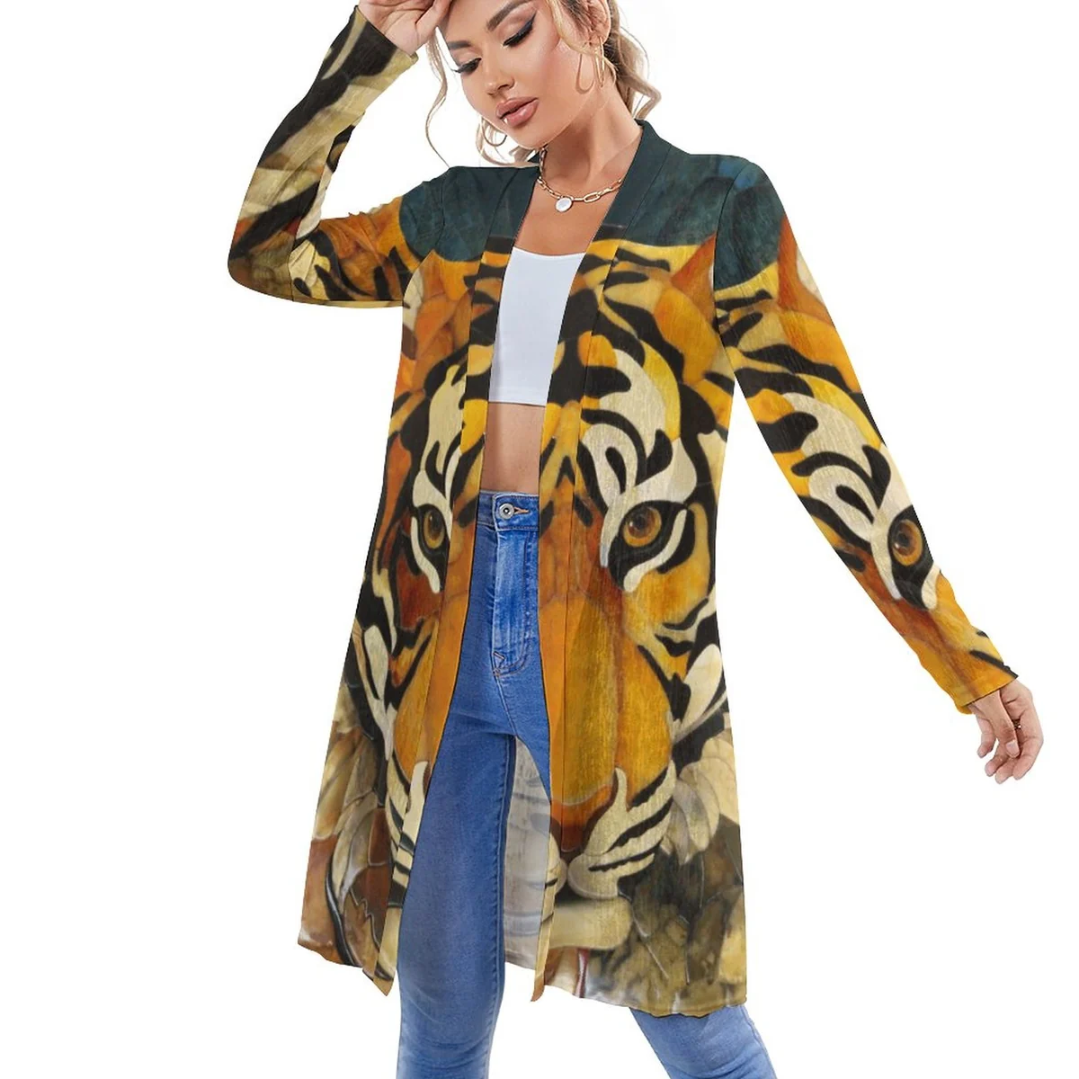 Women's Longline Open Front Cardigan - Painted Tiger Face Print