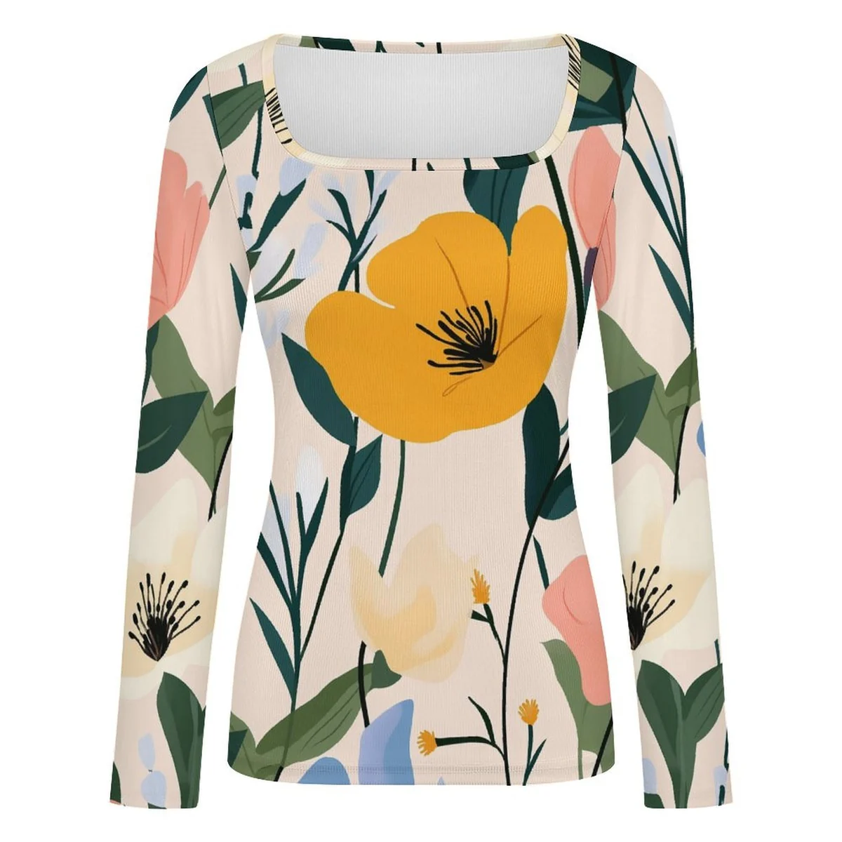 Women's Square-Neck Ribbed Long Sleeve Top - Modern Poppy Print - view 4