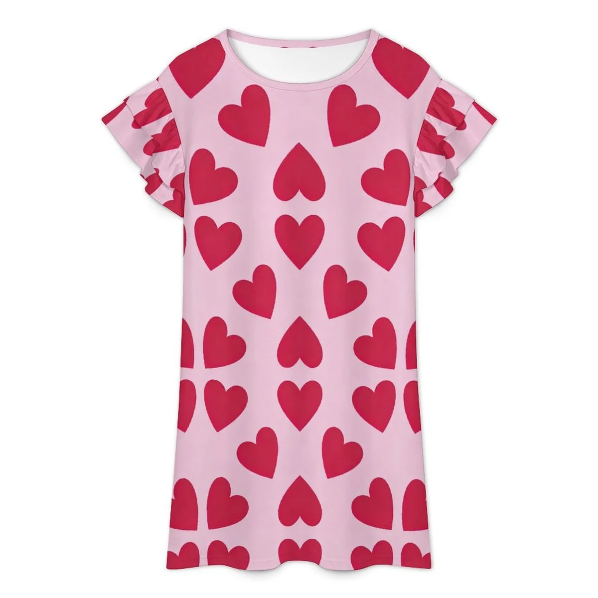 Women's Double Ruffle Sleeve Shift Dress - Big Red Hearts Print - view 3
