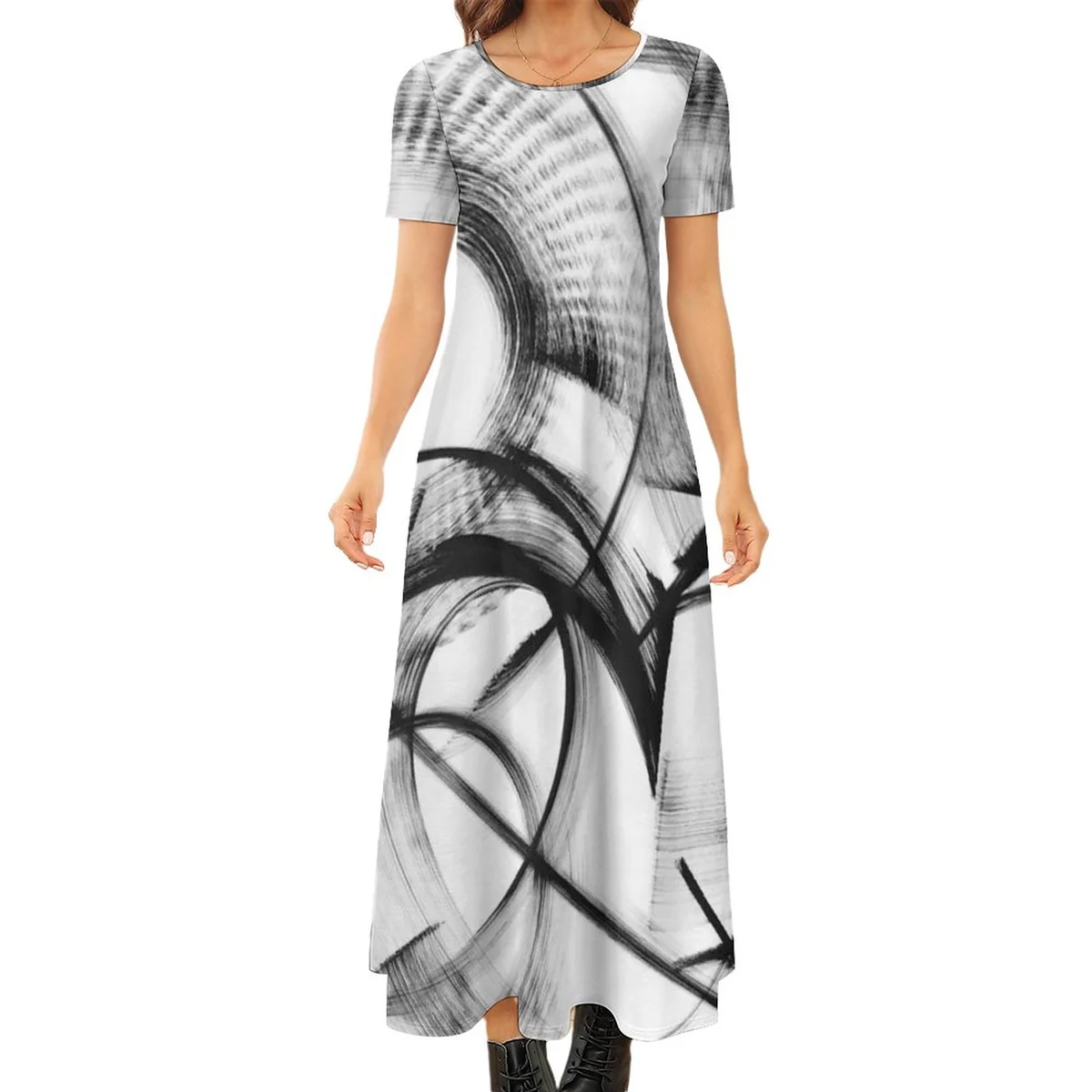 Women's Crew Neck Short Sleeve Maxi T-Shirt Dress - Ink Smoke Swirl Print