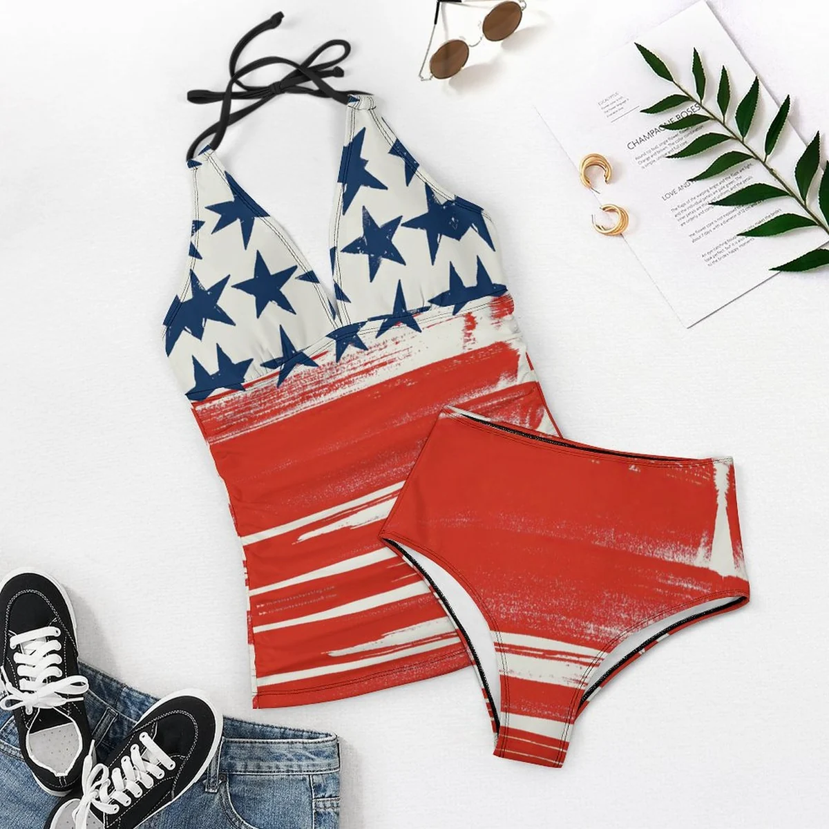 Women's Plunge Halter One-Piece Swimsuit - Stars and Stripes Print - view 3