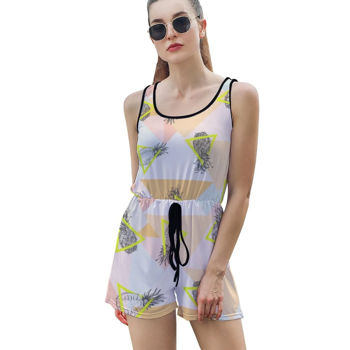 Women's Drawstring Waist Cami Romper - Pastel Pineapple Print