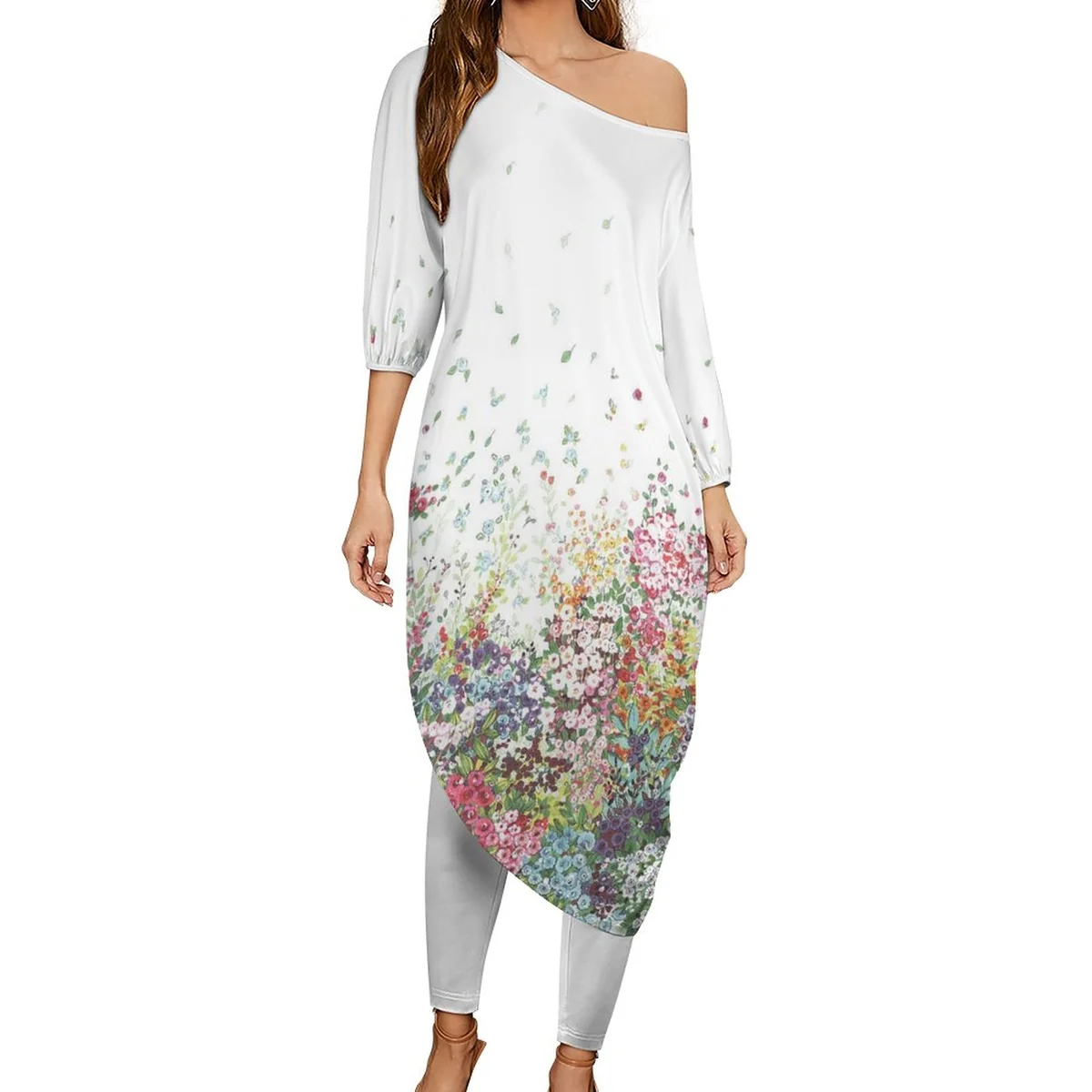 Women's Off-Shoulder Top and Pants Lounge Set - Wildflower Cascade Print