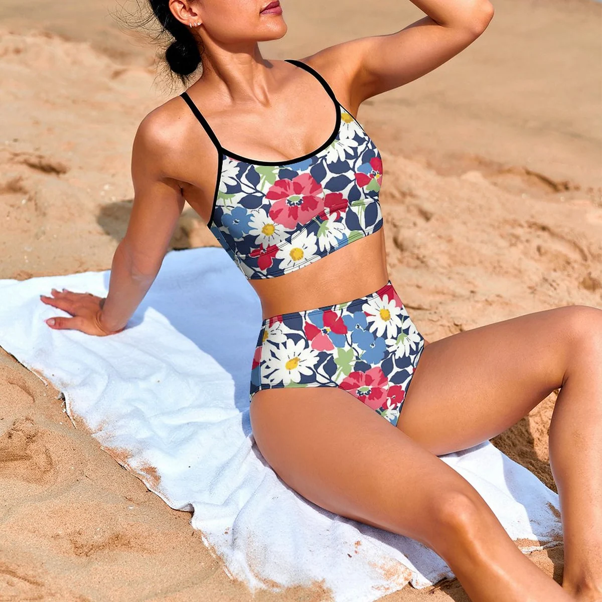 Women's Scoop-Neck Crop High-Waist Bikini Set - Daisy and Poppy Floral Graphic - view 5