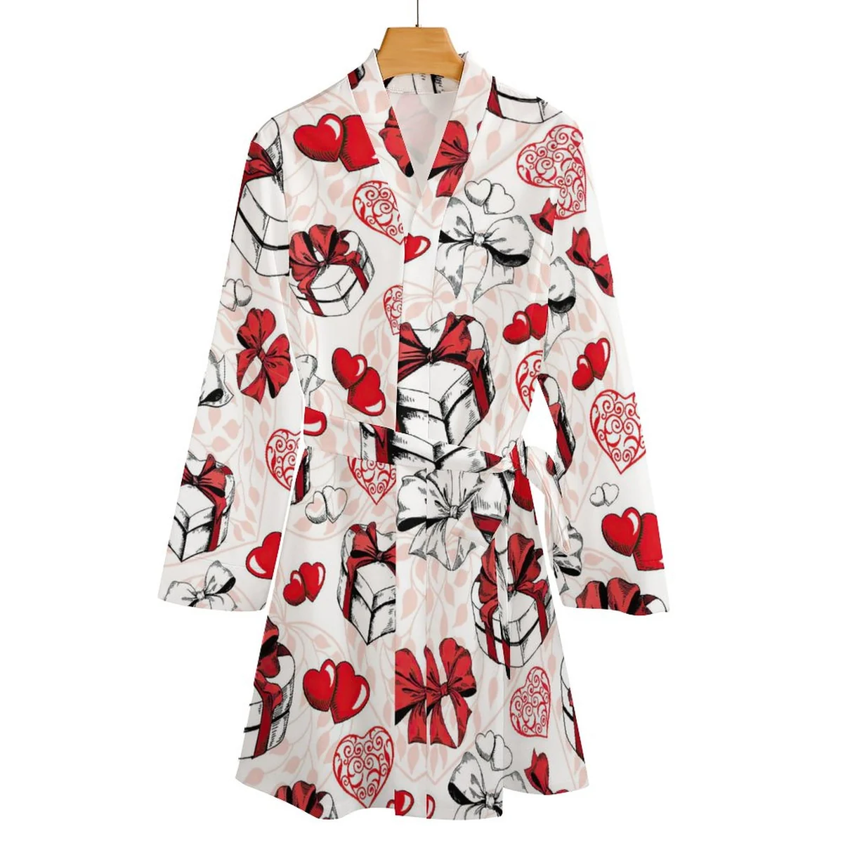 Women's Long Sleeve Belted Robe - Heart Gift Box Print - view 4