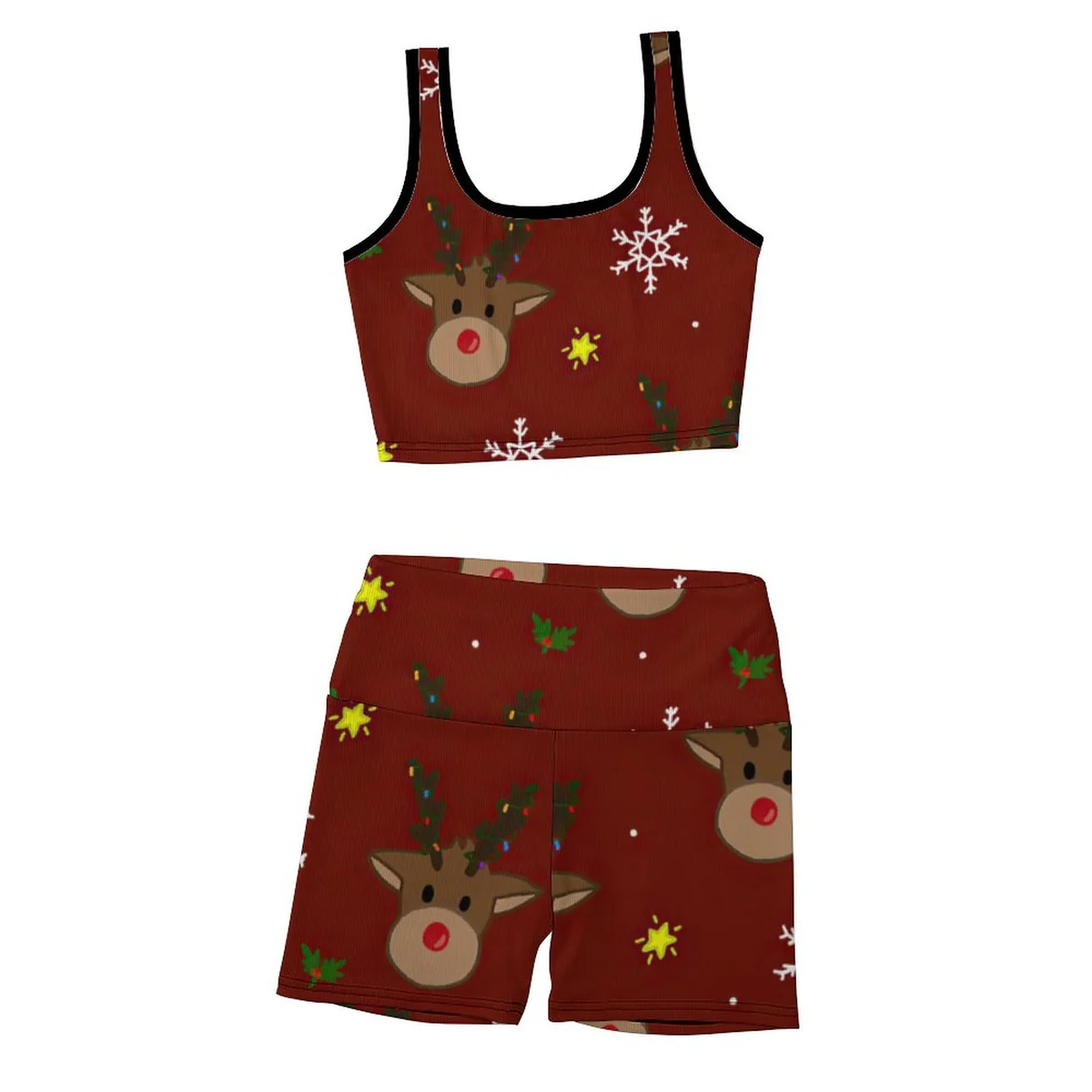 Women's Ribbed Tank and Bike Shorts Set - Reindeer and Snowflake Print - view 6