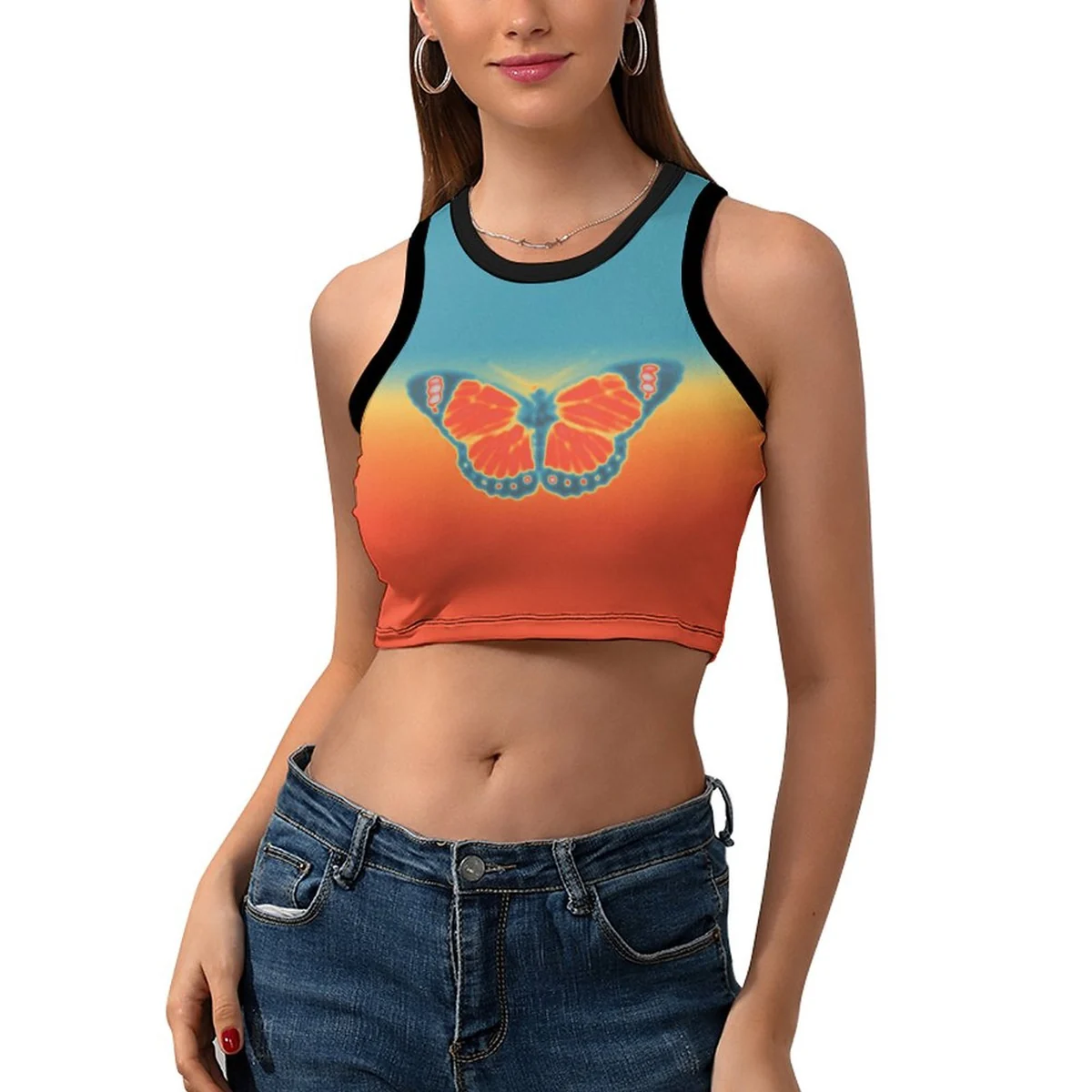 Women's Racerback Crop Tank Top - Sunset Butterfly Print