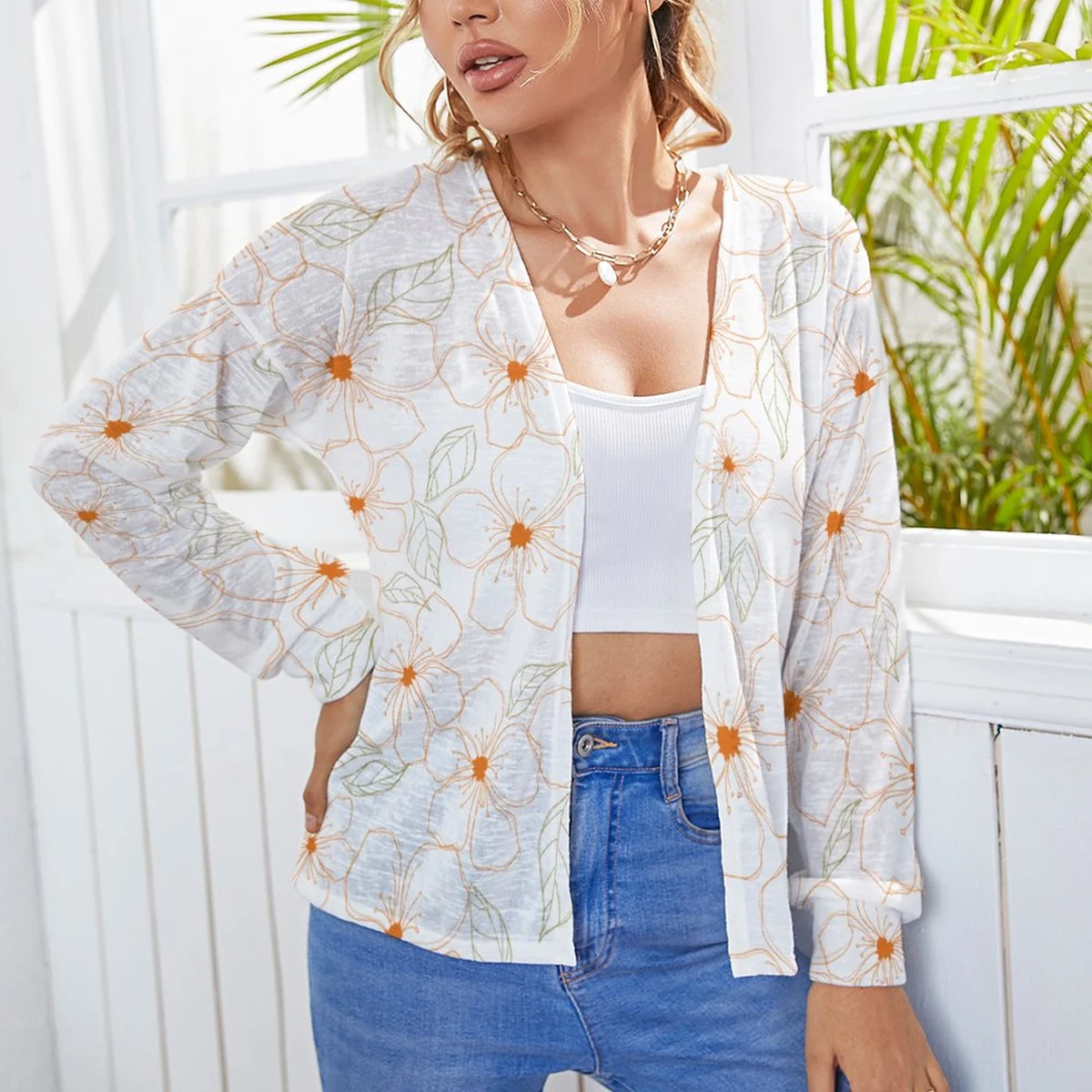Women's Drop Shoulder Open Front Knit Cardigan - Orange Blossom Outline Print - view 6