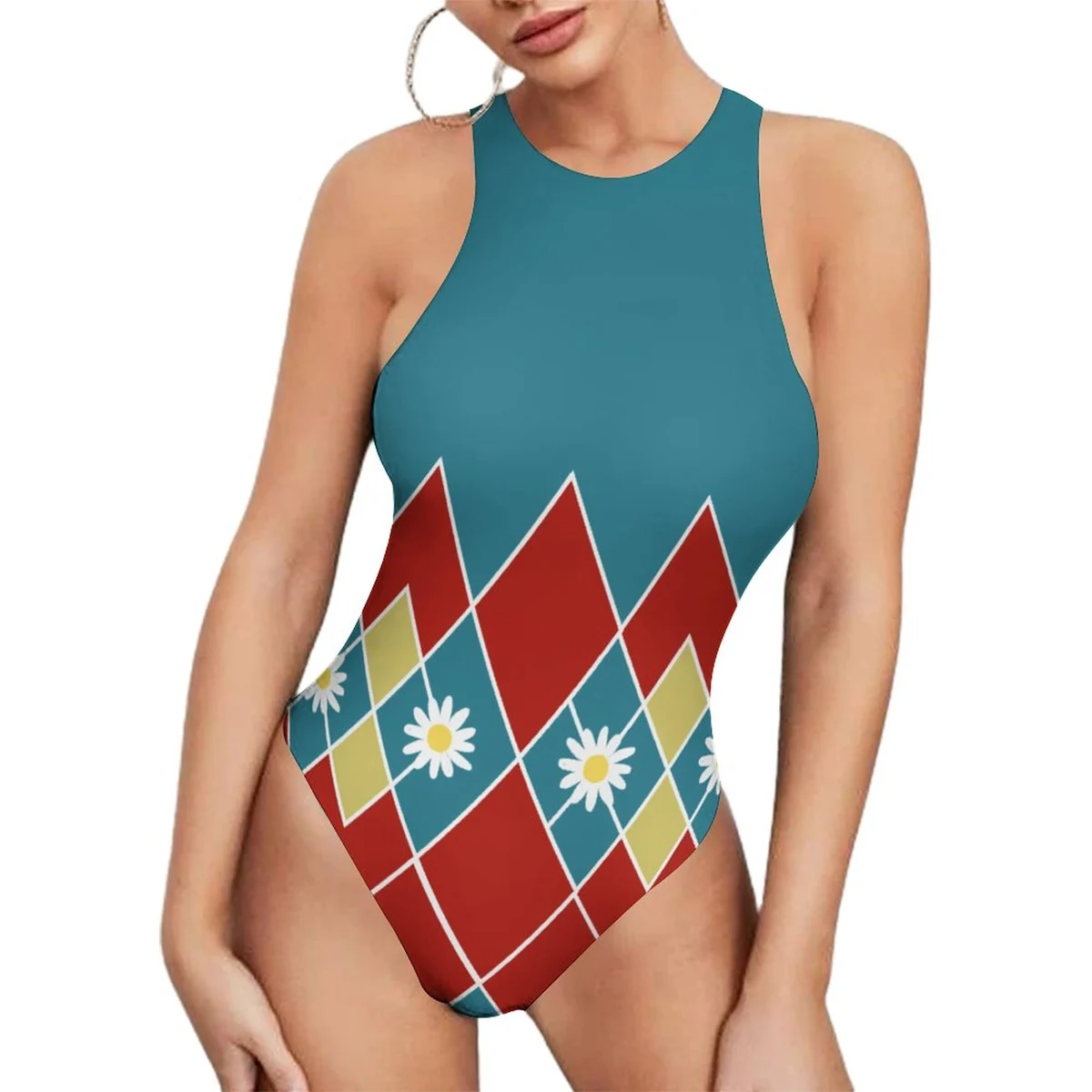 Women's Racer Tank Bodysuit - Harlequin Daisy Print - view 8