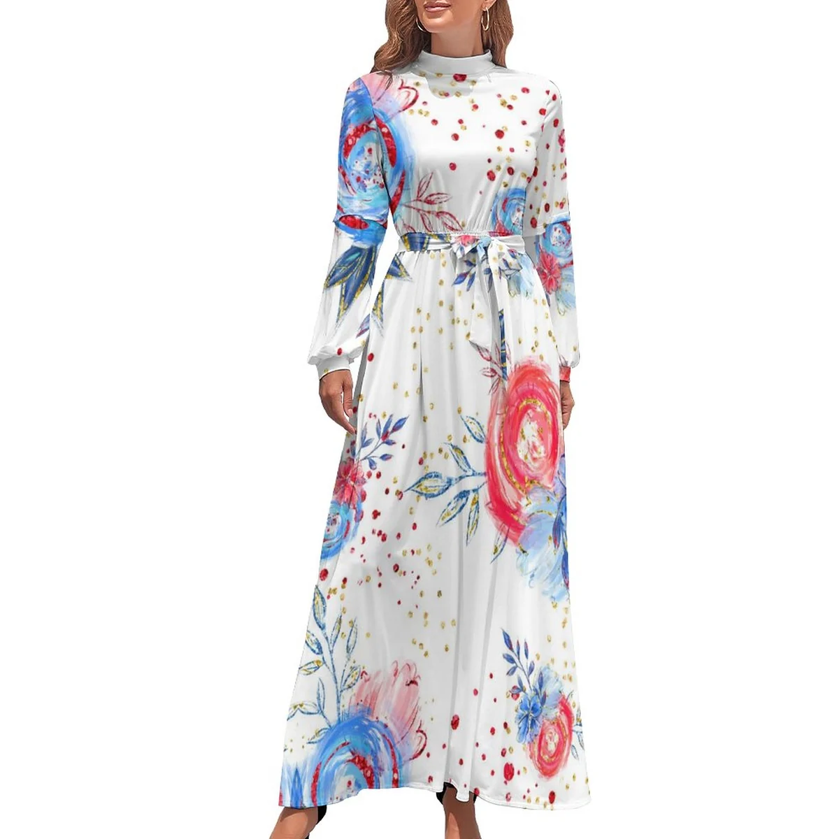 Women's Mock Neck Belted Long Sleeve Maxi Dress - Watercolor Peony Splash Print