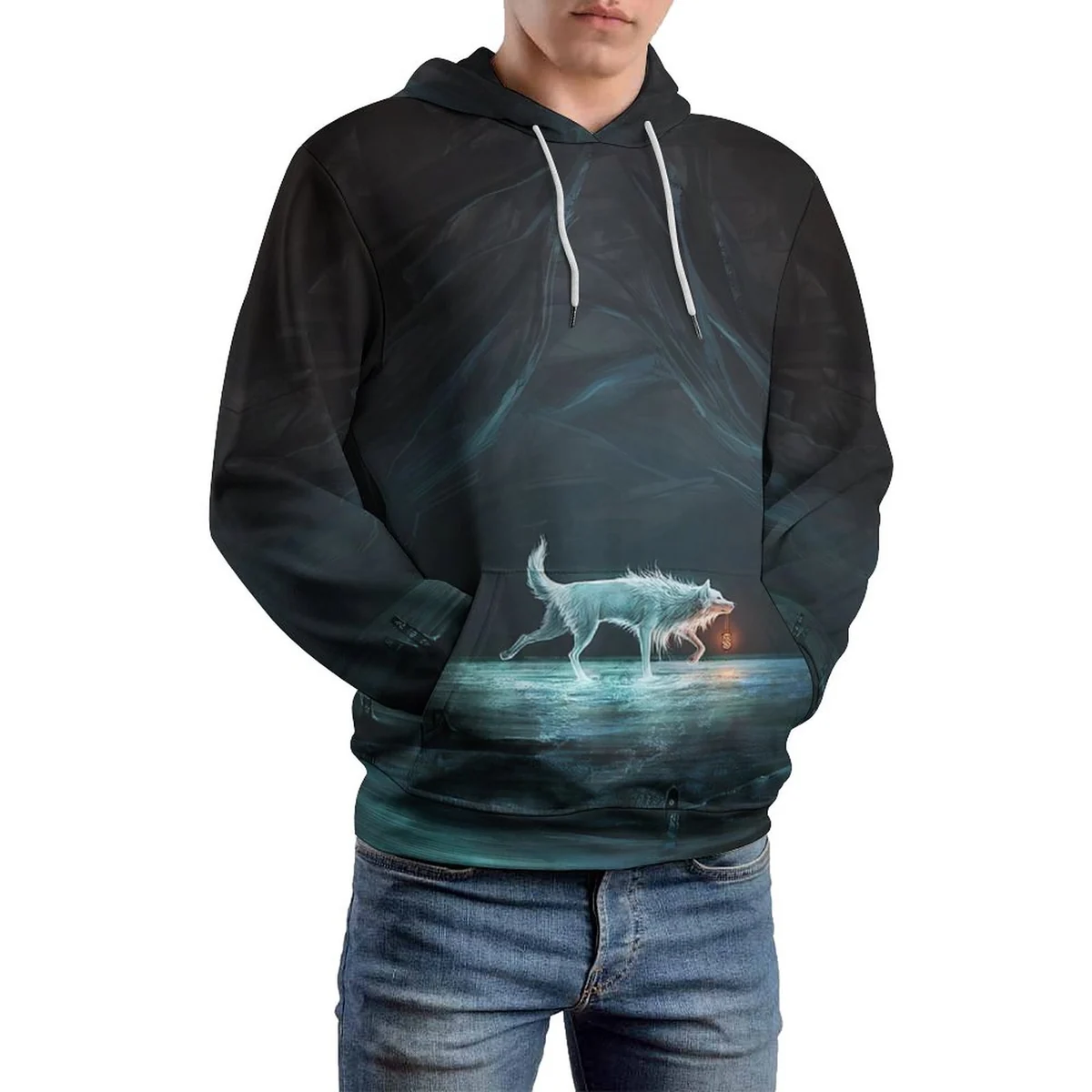 Unisex Double-Lined Hood Hoodie - Midnight Spirit Wolf Print