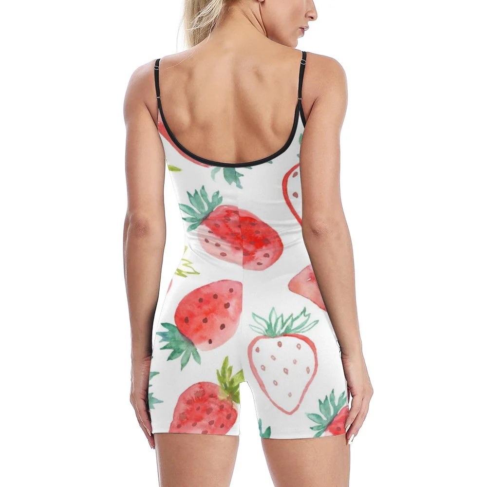 Women's Scoop-Neck Yoga Romper - Watercolor Strawberry Print - view 3