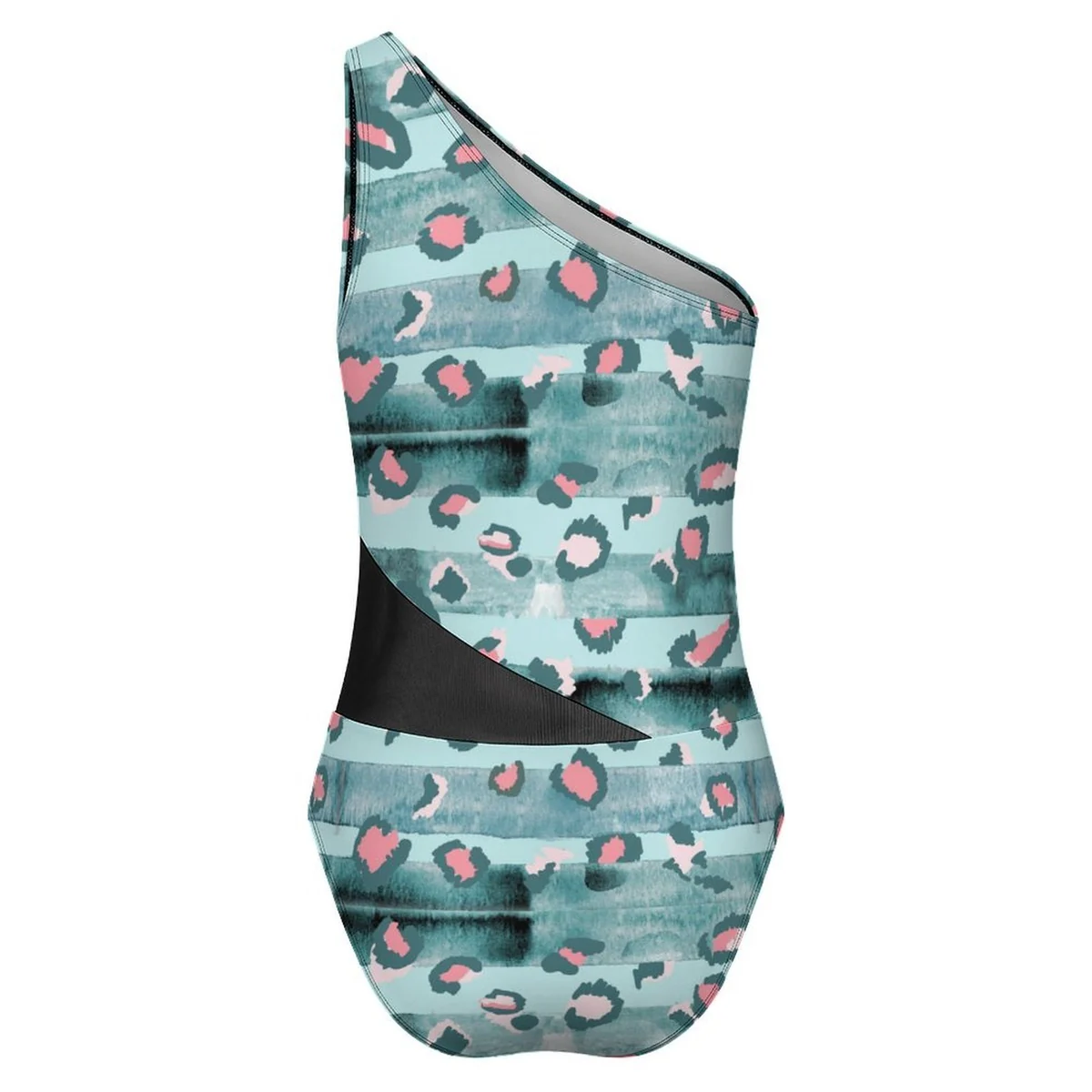 Women's One-Shoulder Mesh Panel One-Piece Swimsuit - Aqua Leopard Print - view 6