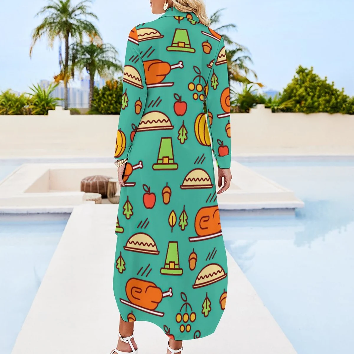 Women's Button-Down Long Sleeve Shirt Midi Dress - Thanksgiving Harvest Print - view 2