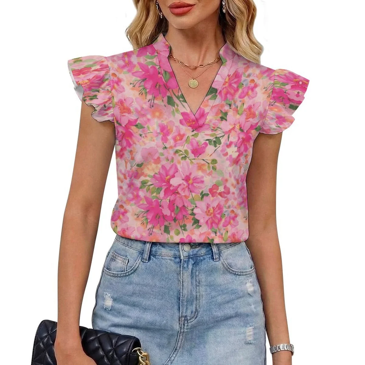 Women's Flutter Sleeve V-Neck Blouse - Pink Floral Cluster Print