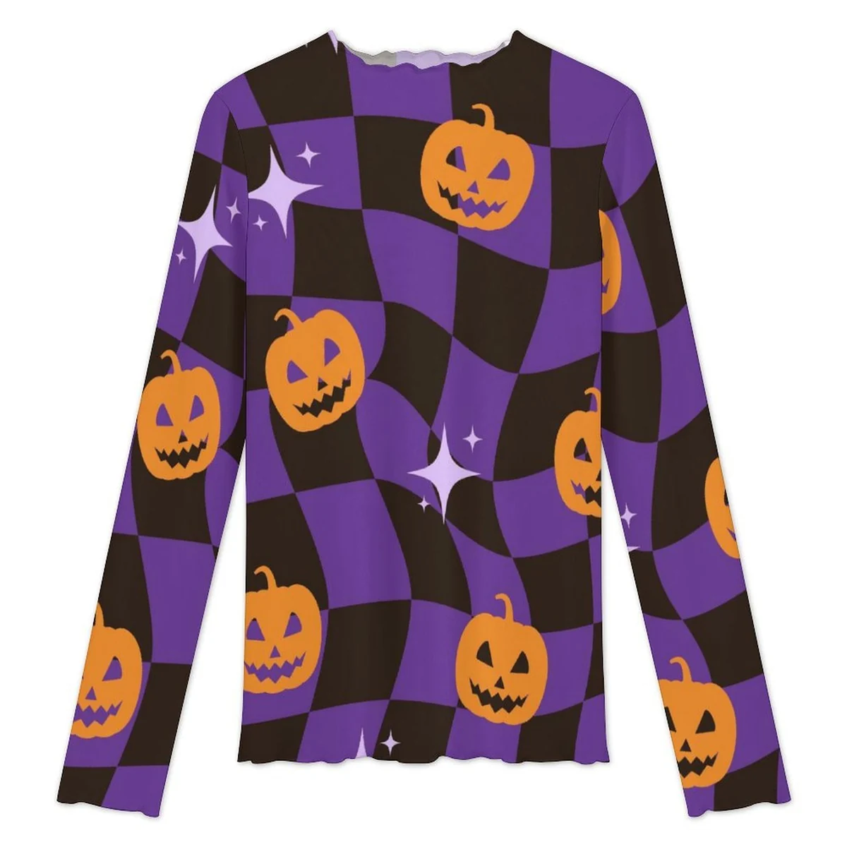 Women's High Neck Long Sleeve Mesh Top - Checkered Jack-O-Lantern Print - view 5