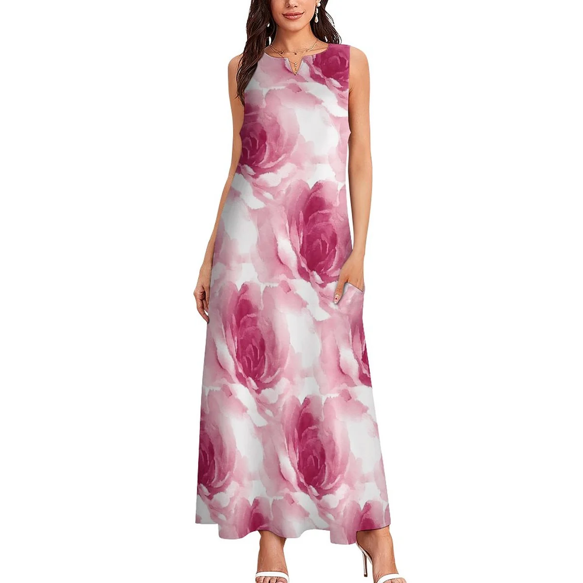 Women's Sleeveless Scoop-Neck Maxi Dress - Watercolor Rose Print - view 3
