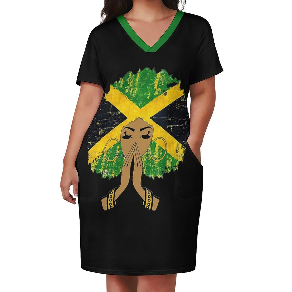 Women's V-Neck Pocket T-Shirt Dress - Jamaica Pride Silhouette Print