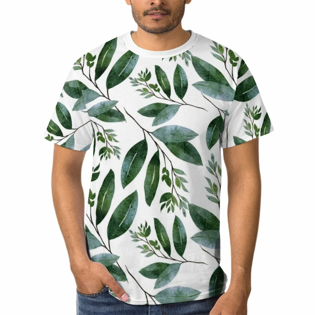 Unisex Crew Neck Short Sleeve Tee - Watercolor Leaf Branch Print