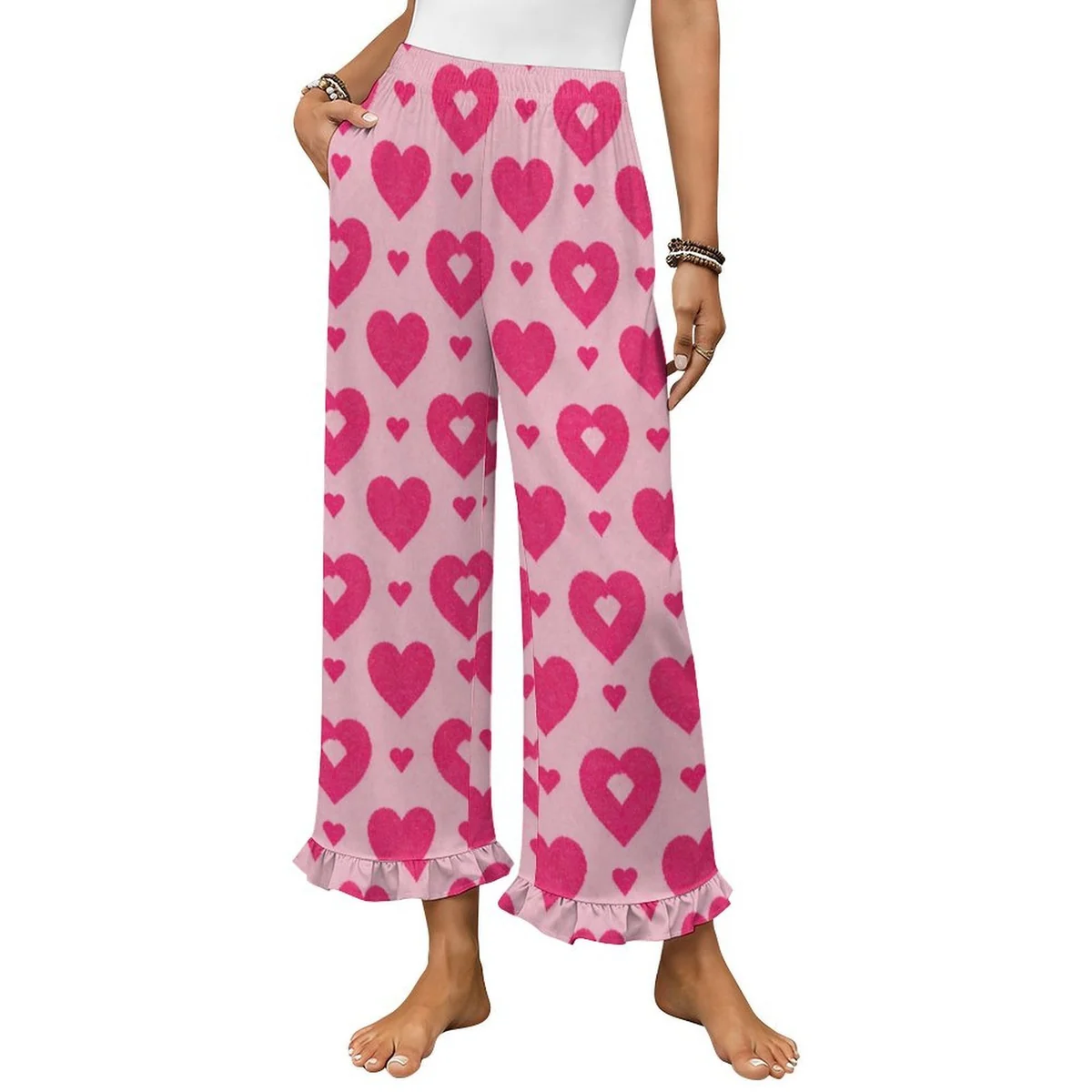 Women's Ruffle Hem Pajama Pants - Pink Heart Print