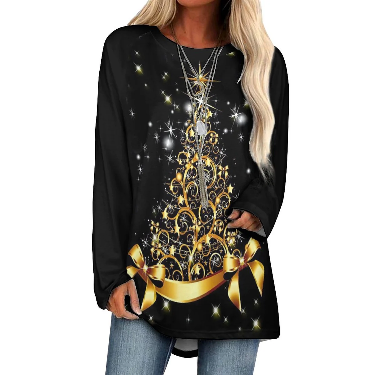 Women's Longline Crew Neck Long Sleeve Tunic Tee - Golden Christmas Tree Print