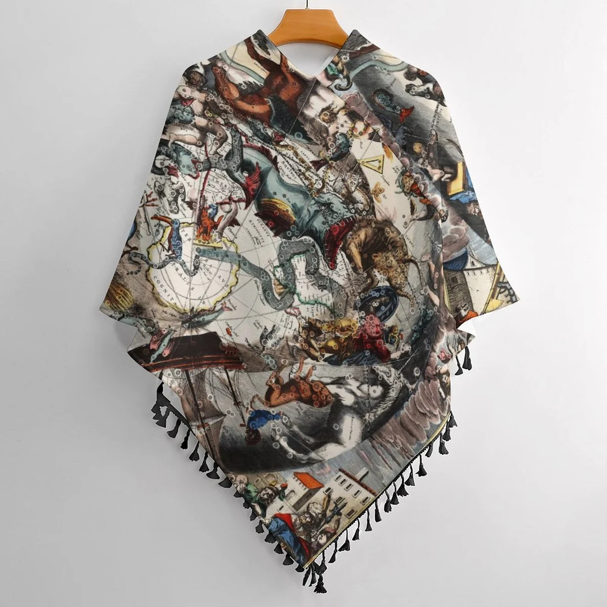 Women's Fringe Trim Knit Poncho - Vintage Storybook Illustration Print - view 2