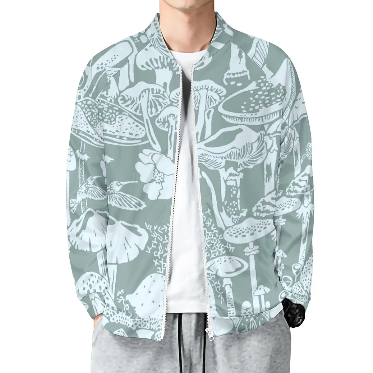 Unisex Raglan Zip Up Jacket - Mushroom Forest Line Art Graphic