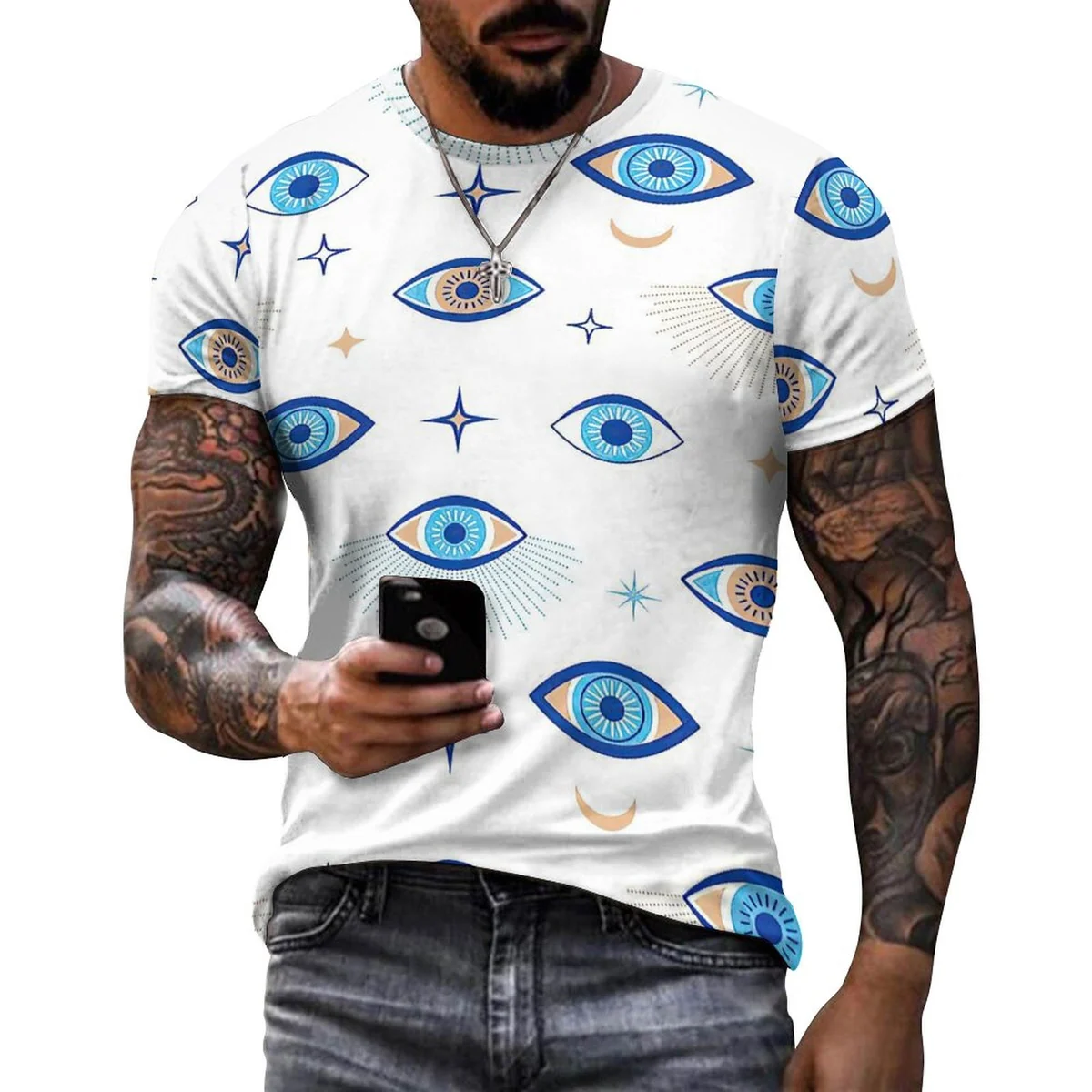 Men's Crew Neck Cotton Tee - Evil Eye Print