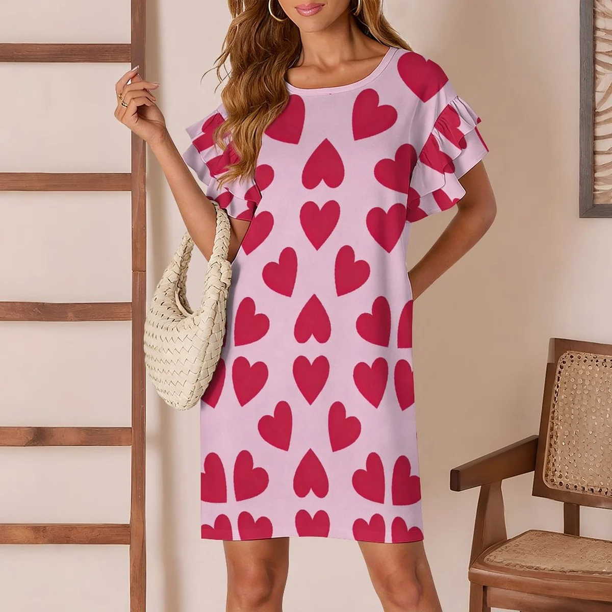 Women's Double Ruffle Sleeve Shift Dress - Big Red Hearts Print - view 2
