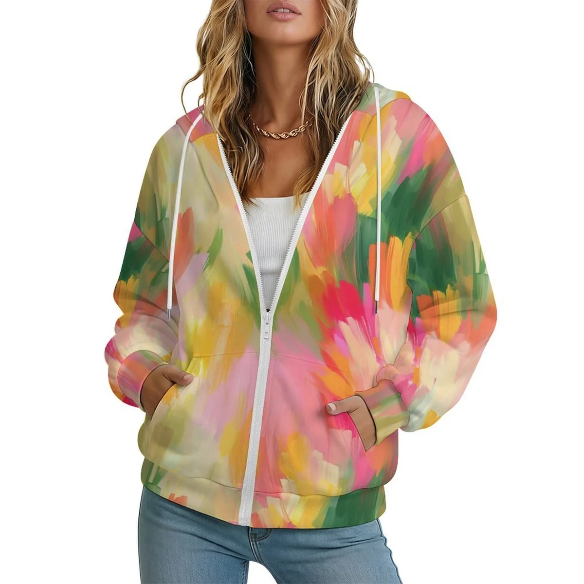 Women's Full Zip Hoodie - Painterly Petal Burst Print