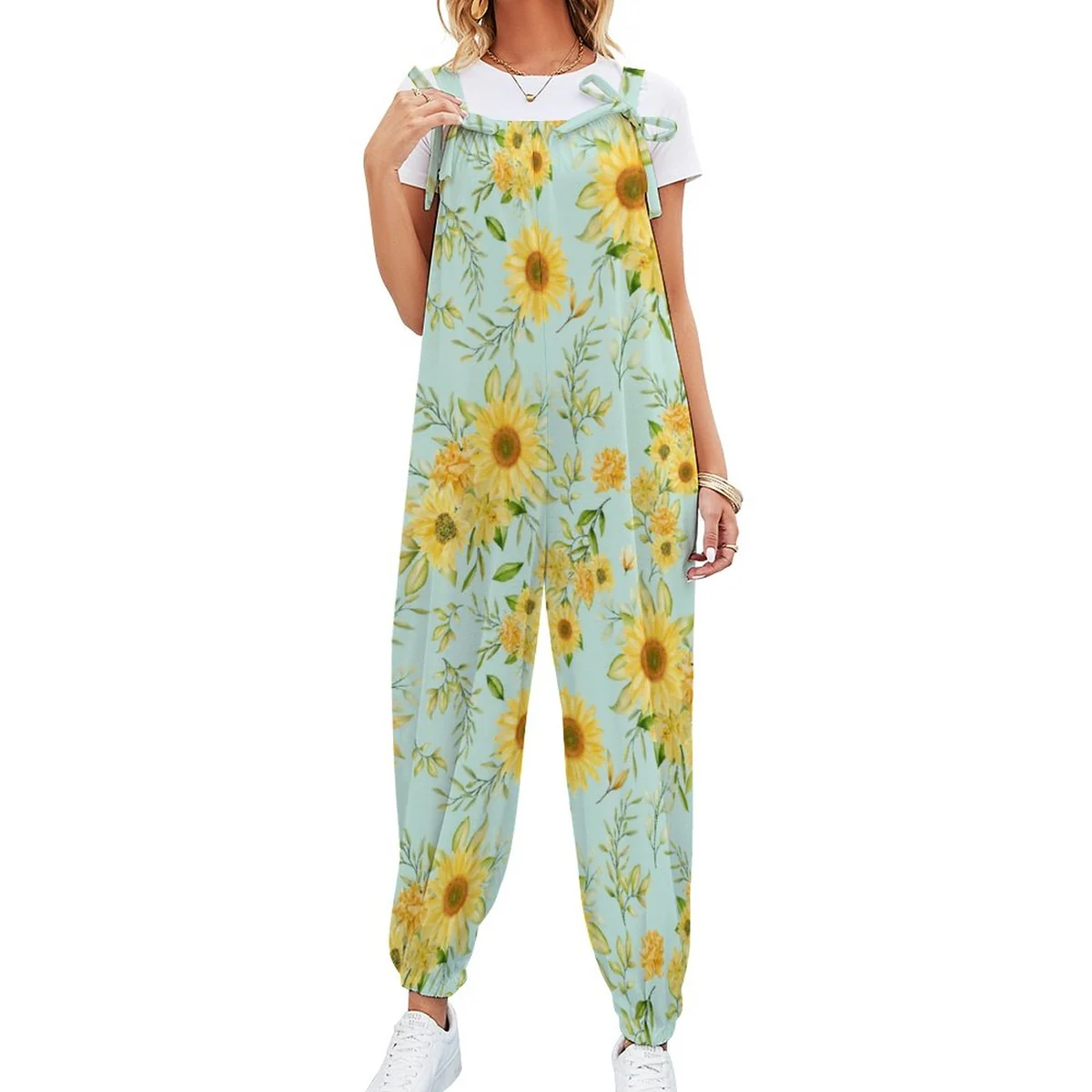 Women's Bow Shoulder Harem Jumpsuit - Sunflower Print - view 2