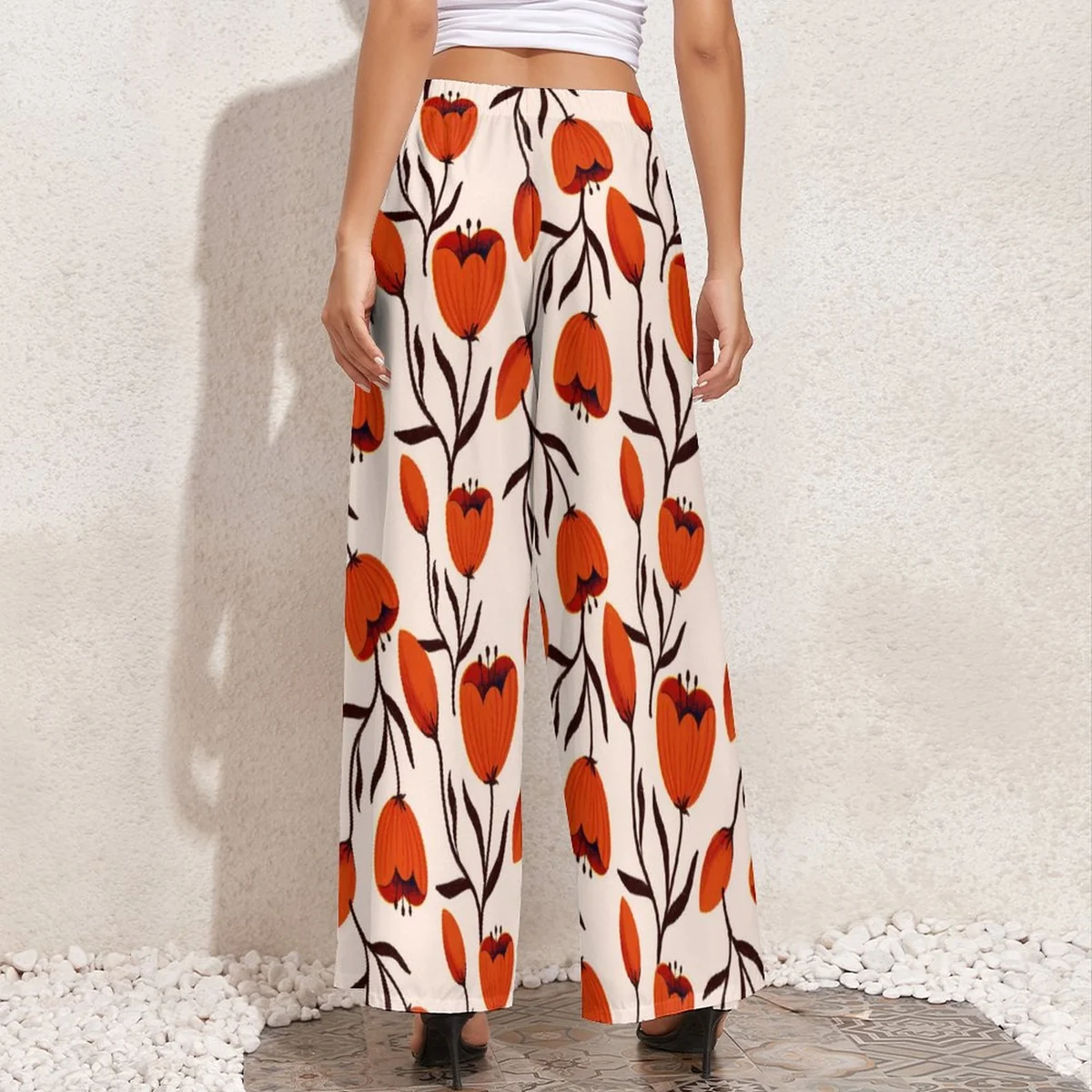 Women's High-Waist Wide Leg Palazzo Pants - Graphic Red Tulip Print - view 2