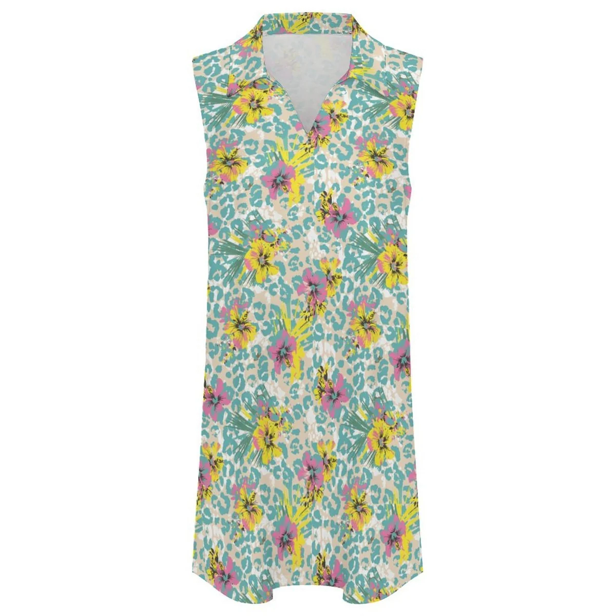 Women's Collared V-Neck Sleeveless Shift Dress - Sunny Blossom Print - view 4