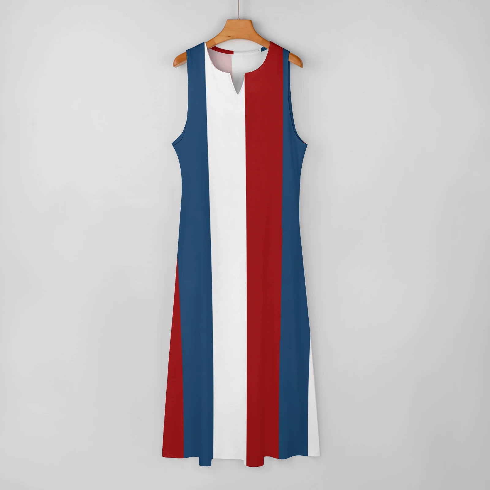 Women's Sleeveless Notched-Neck Maxi Dress in Tricolor Vertical Stripes print – front view on hanger