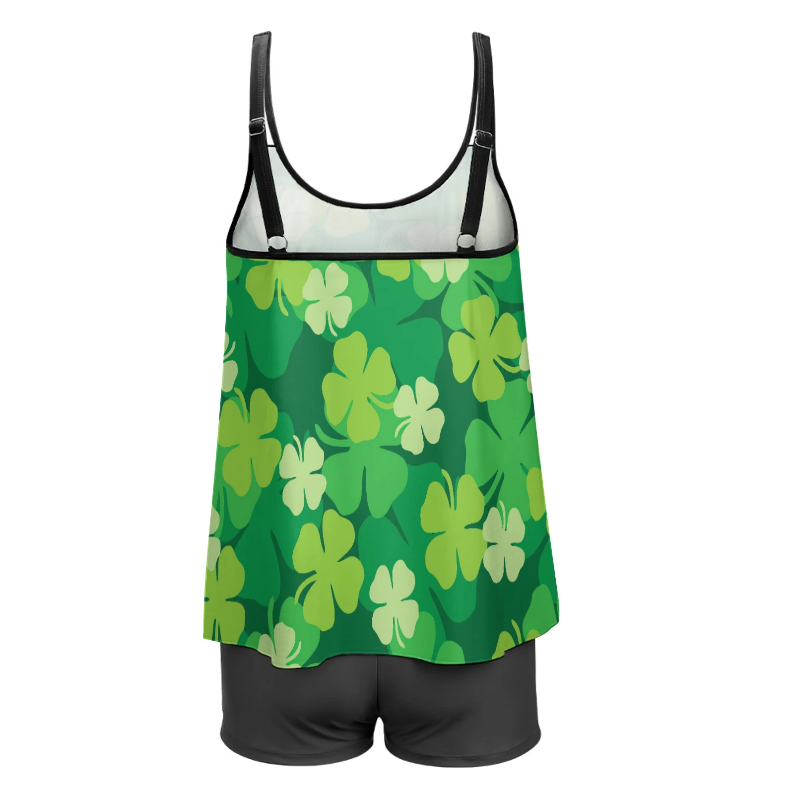 Women's Strappy Flowy Tankini Set in Green Clover Scatter print – back product view