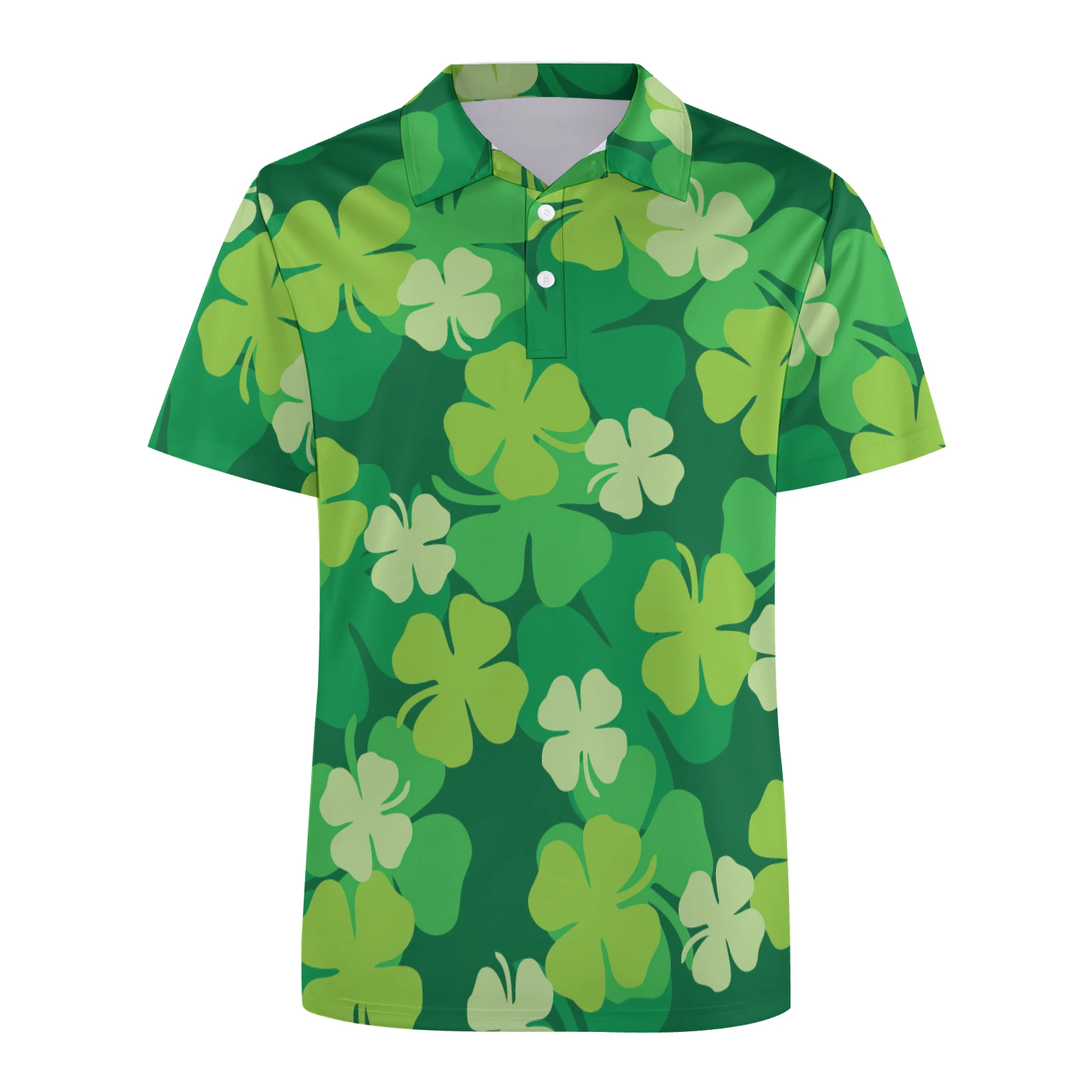 Men's Short Sleeve Polo Shirt in Green Clover Scatter print – front view