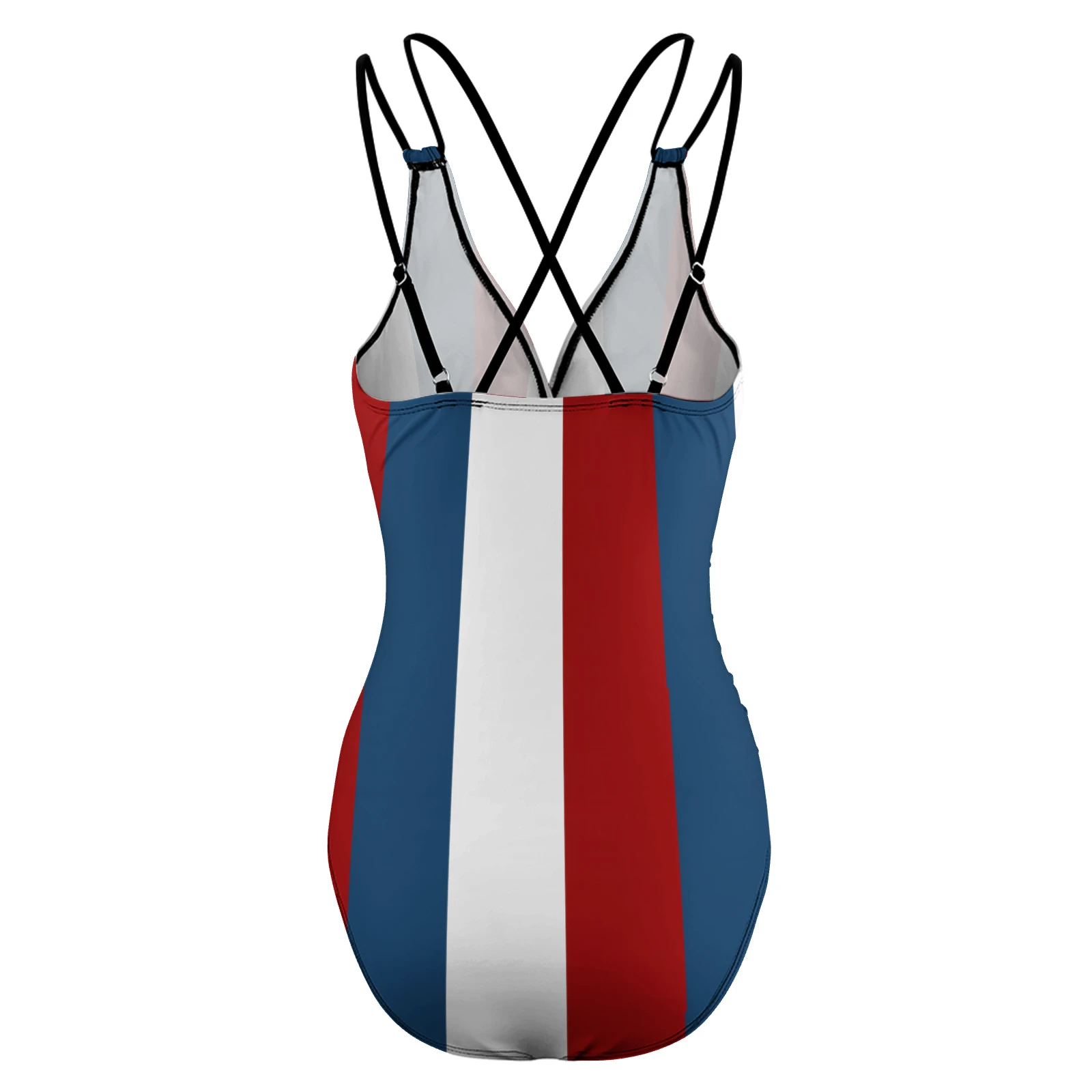 Women's V-Neck Double-Strap One-Piece Swimsuit in Tricolor Vertical Stripes print – back product view