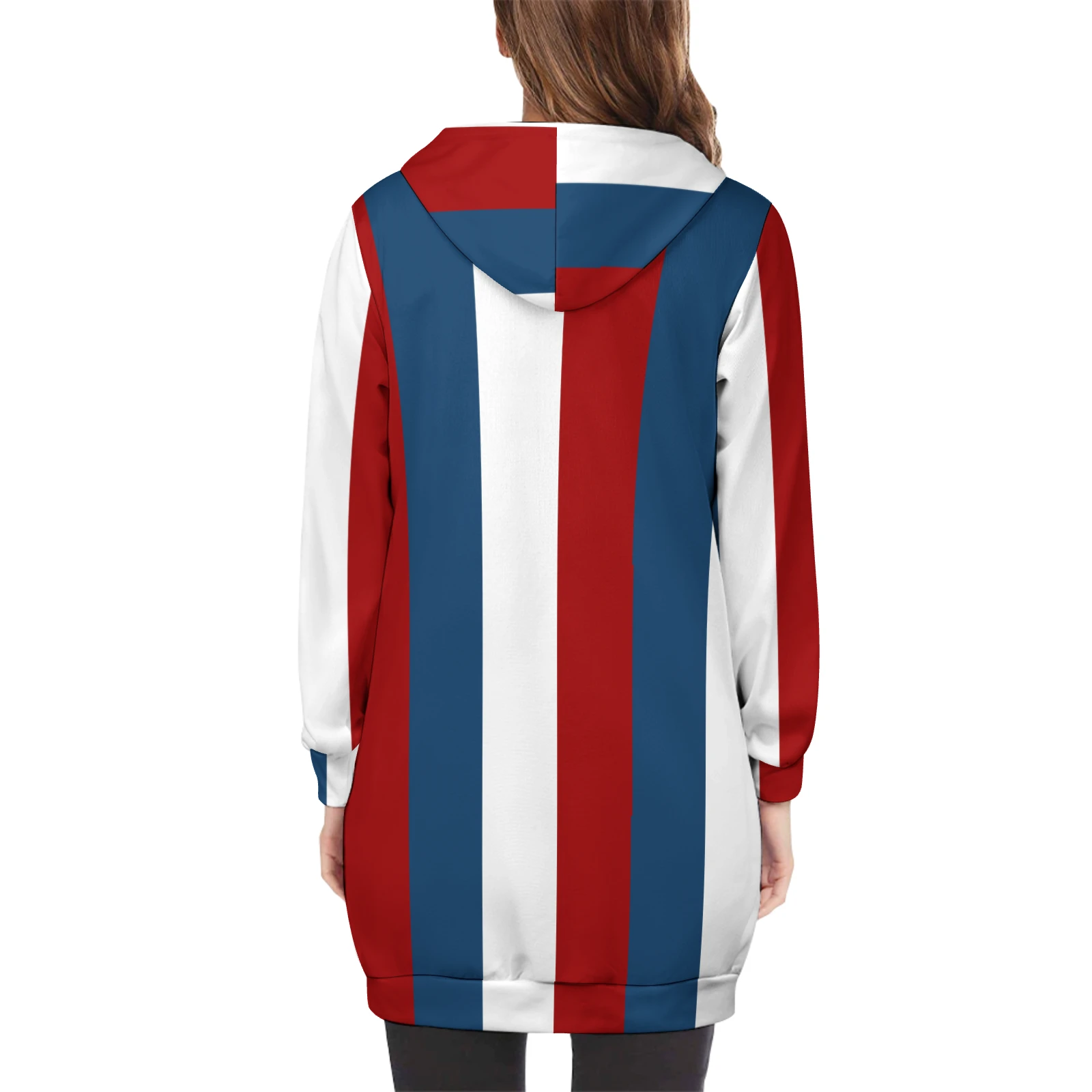 Women's Longline Full Zip Hoodie in Tricolor Vertical Stripes print – back view on model